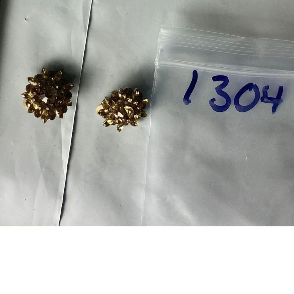 Vintage Rhinestone Cluster Earrings Gold Tone Button Style Sparkly‎